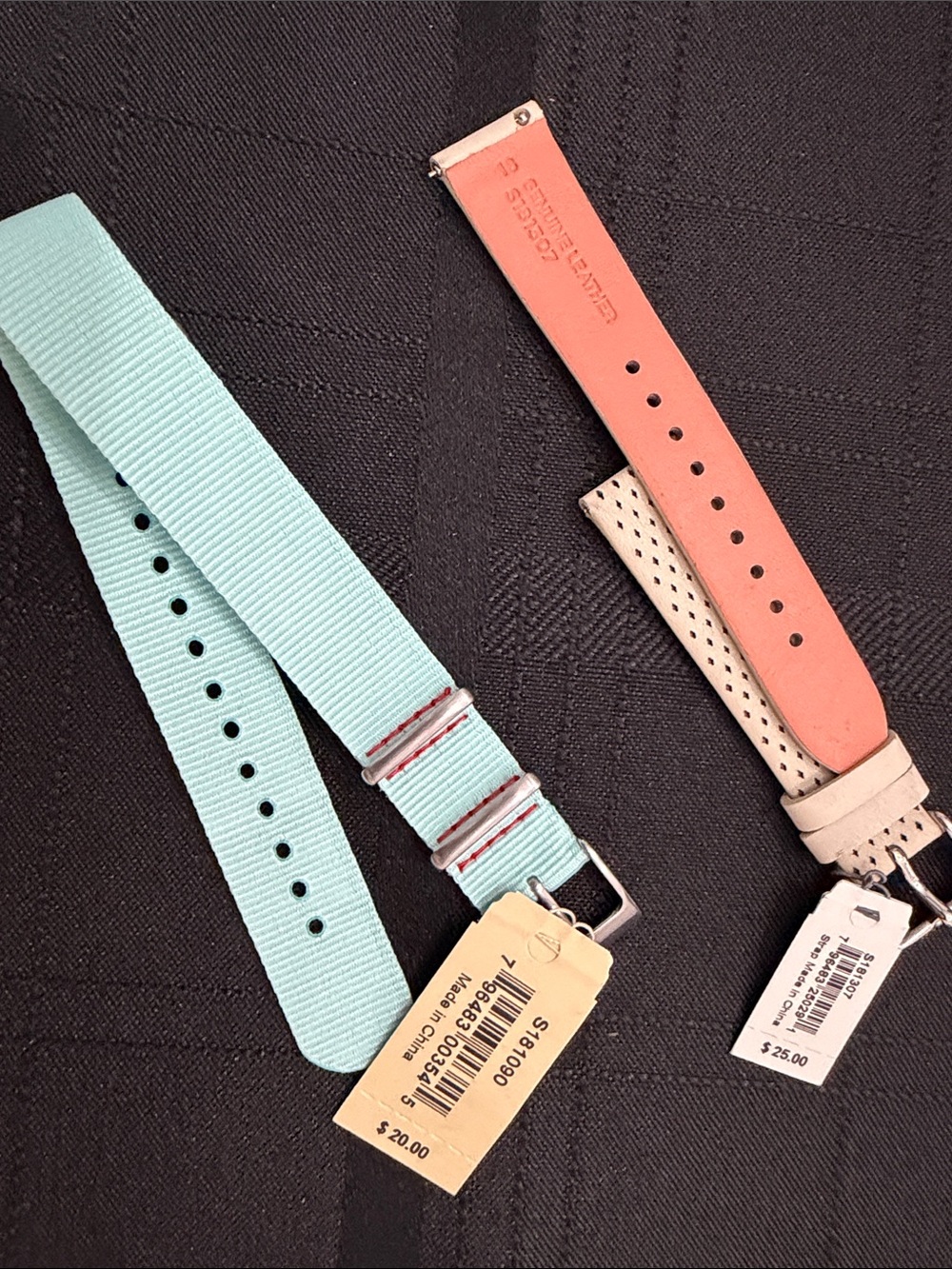 Fossil Mint Green Nylon Watch Strap / Coral Leather Band with Silver Hardware